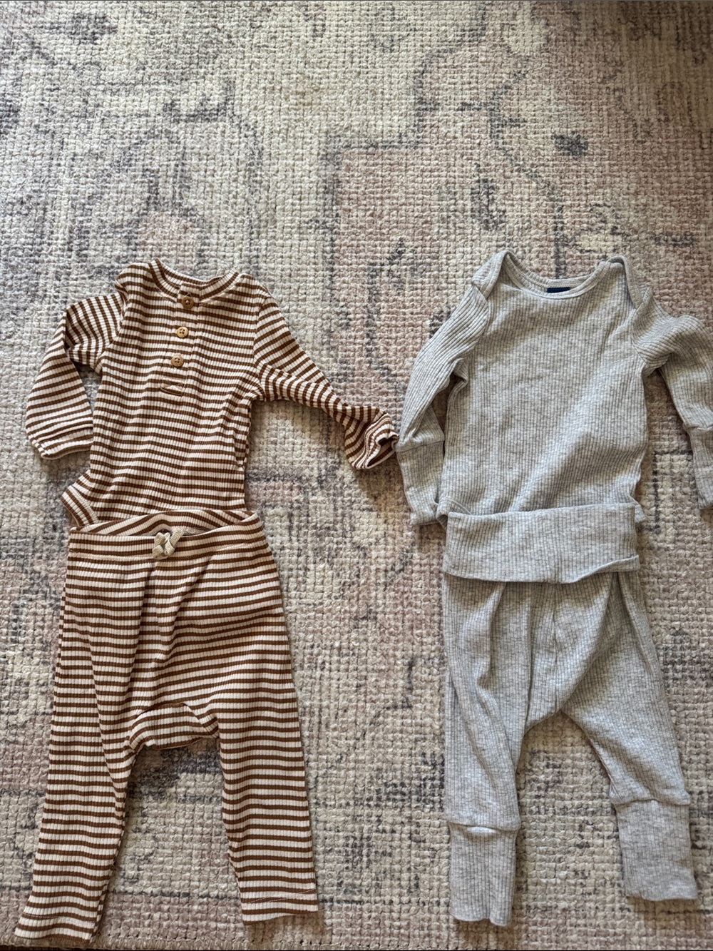 Old Navy Striped Brown Baby Two-Piece Set & Gray Ribbed Baby Set